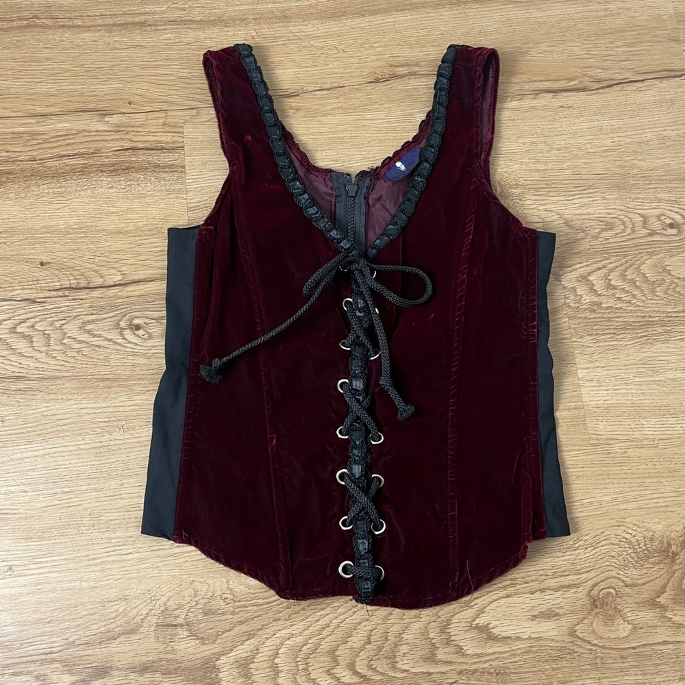 Gothic 90s Morbid Threads Lace Up Corset Top M Burgundy Velvet Black Vintage